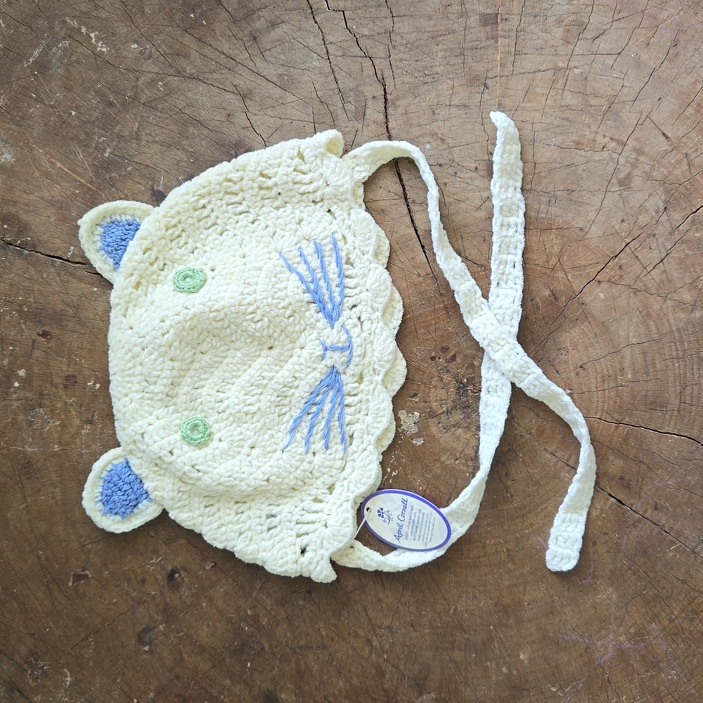 April Cornell Cream Crochet Cat Ear Children’s Hat with Blue & Green Accents